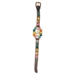 GUCCI gold GG log rainbow crystal embellished black leather bracelet
