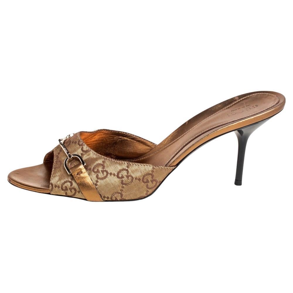 Gucci Gold GG Lurex Fabric Horsebit Slide Sandals Size 40