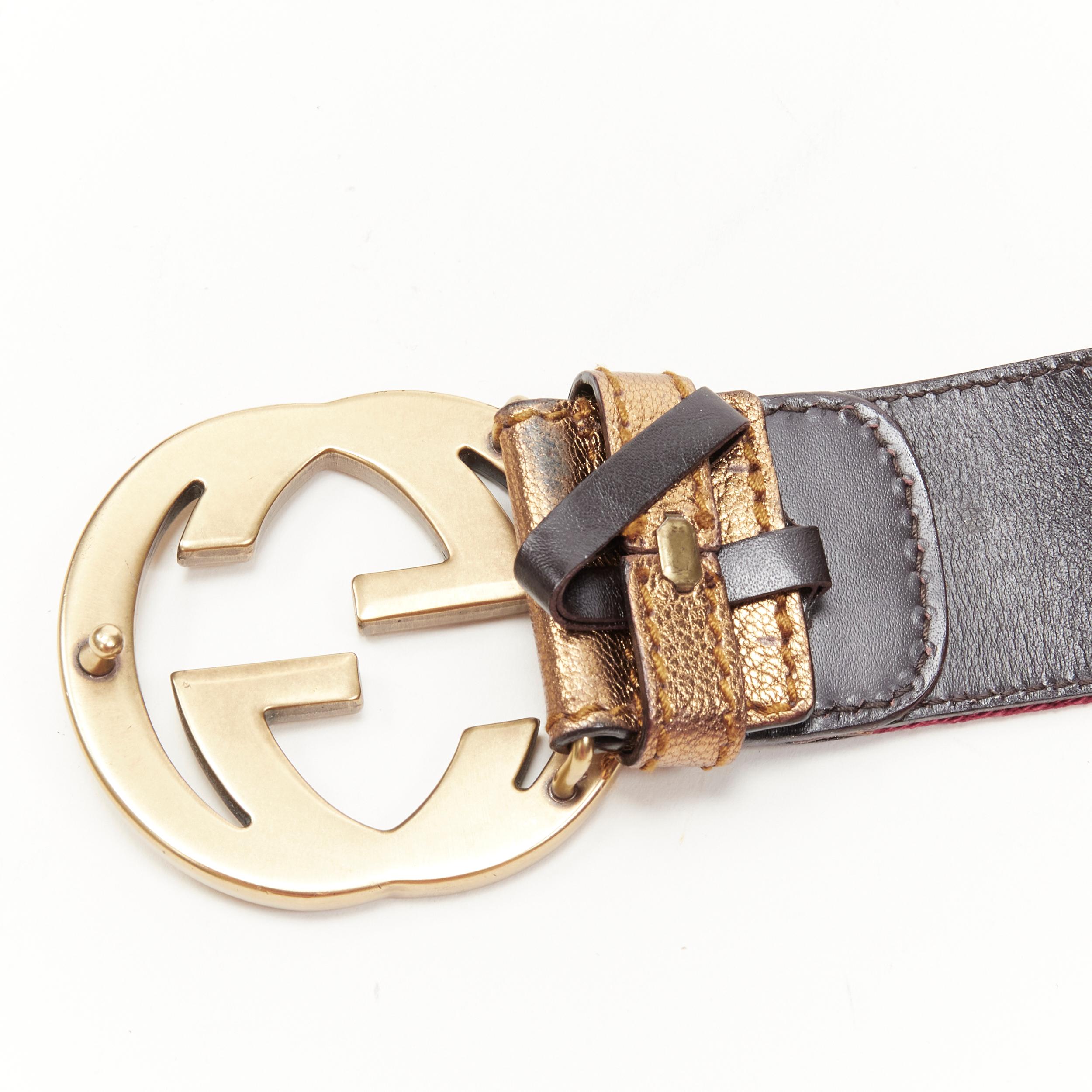 Brown GUCCI gold GG metal buckle signature red green web nylon belt 85cm 34