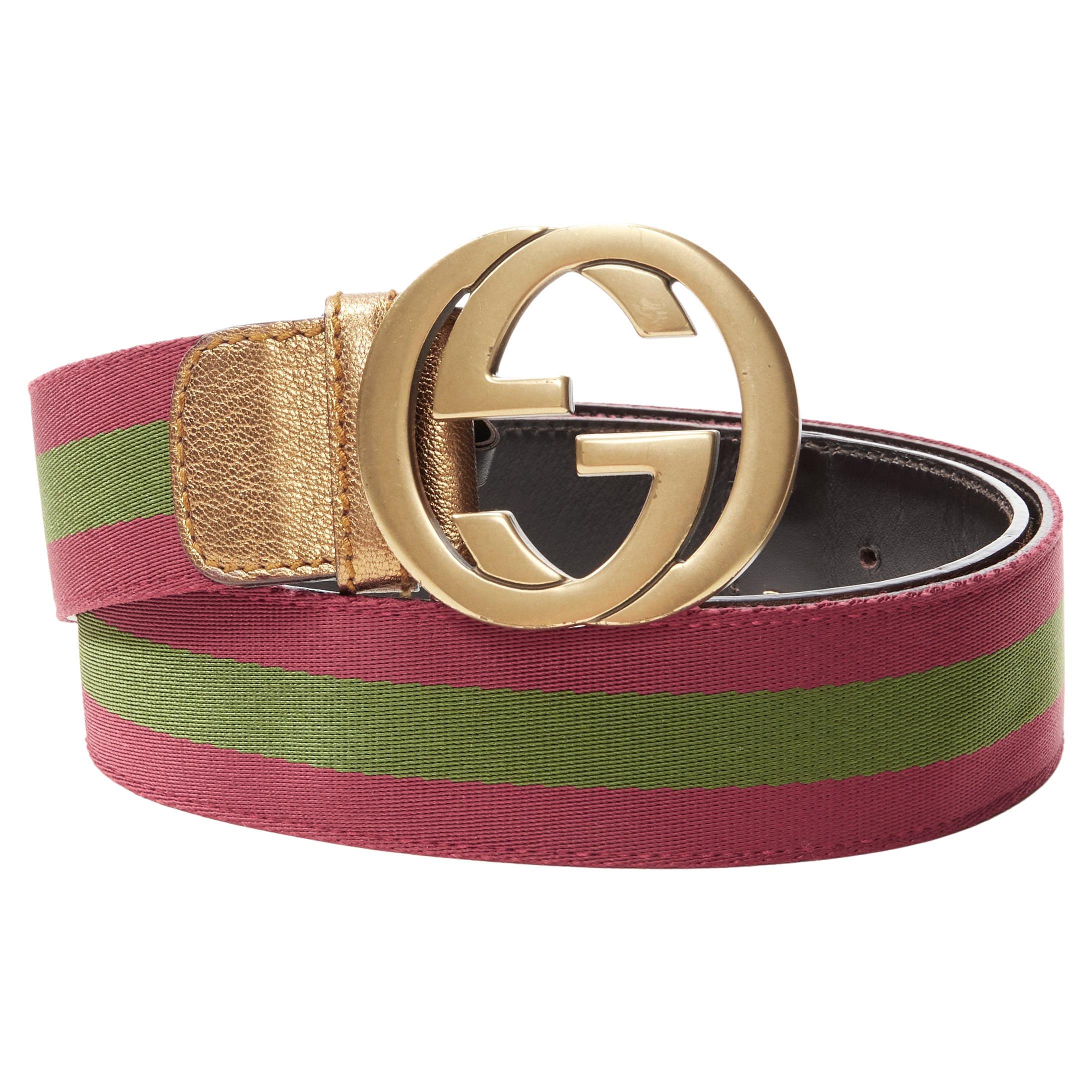 GUCCI gold GG metal buckle signature red green web nylon belt 85cm 34" For Sale