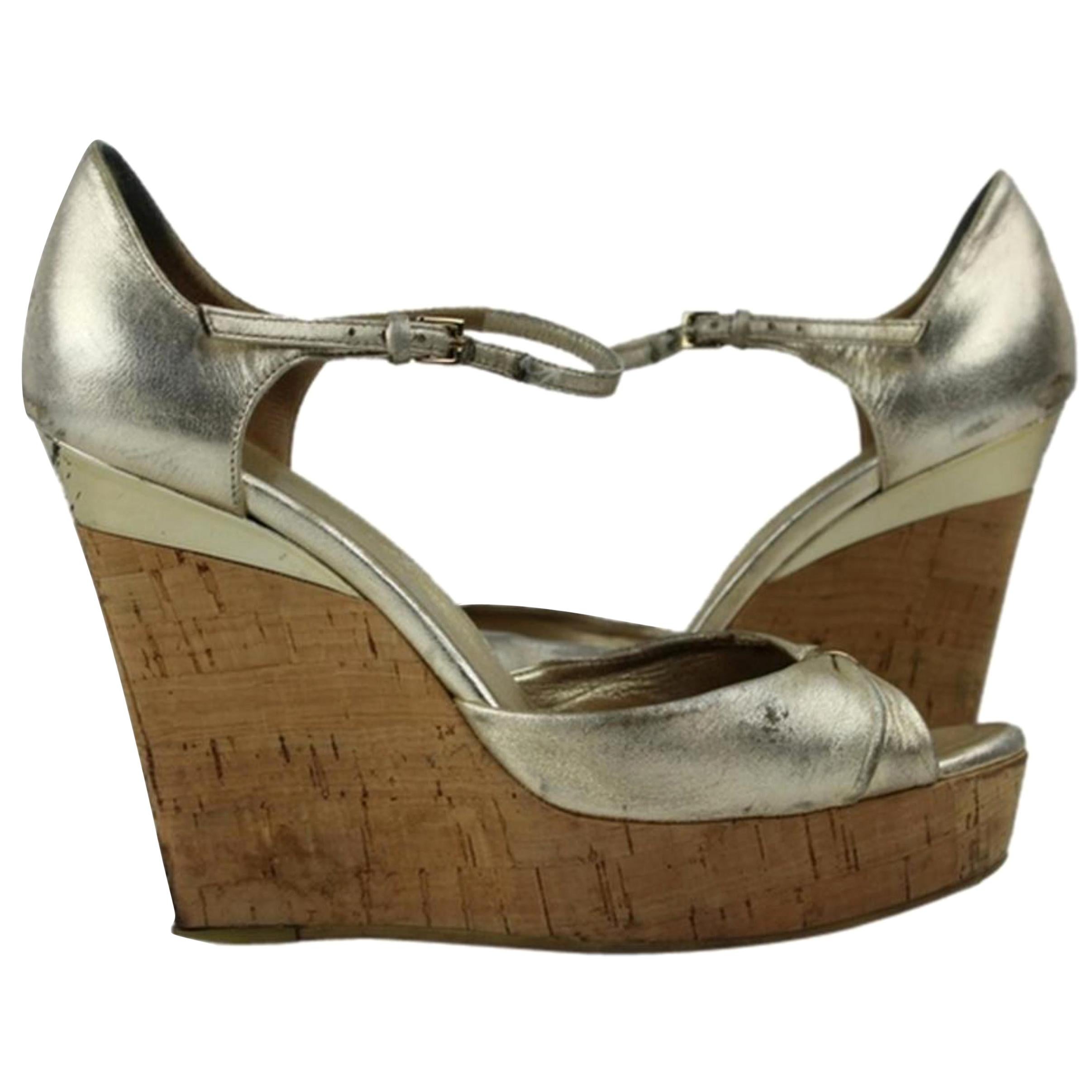 Gucci Gold Ggsl117 Pelle S Gomma Cork Sandals Wedges For Sale