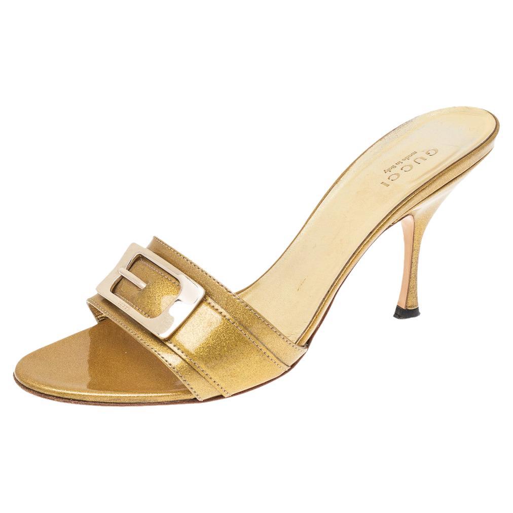 Gucci Gold Metallic Braided Leather Bamboo Heel Sandals Size 41 at ...
