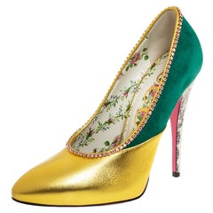 Gucci Gold/ Green Suede And Leather Crystal Embellished Pumps Size 37