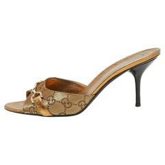 Gucci Gold Guccissima Segeltuch und Leder Horsebit Slide Sandalen Größe 37,5