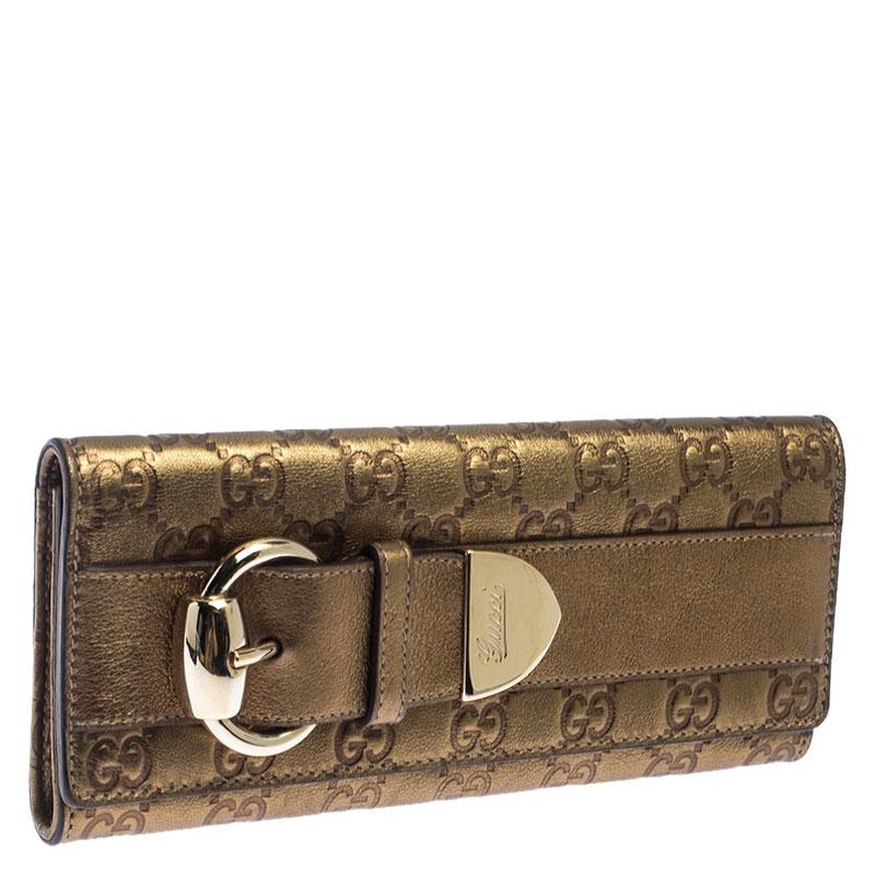 Brown Gucci Gold Guccissima Leather Buckle Continental Wallet
