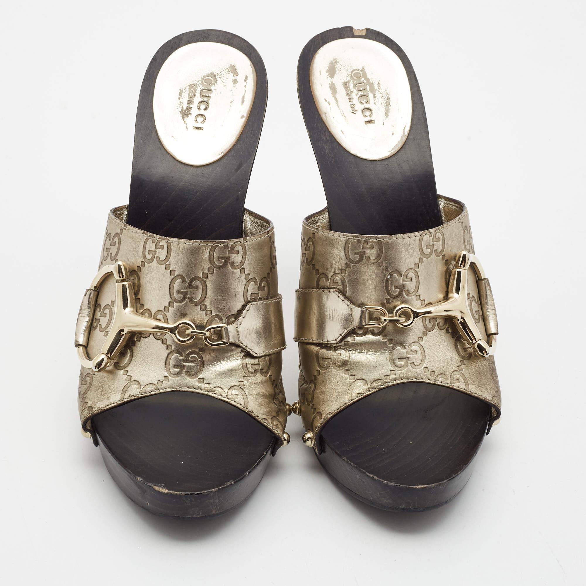 Gray Gucci Gold Guccissima Leather Icon Bit Clogs Size 40