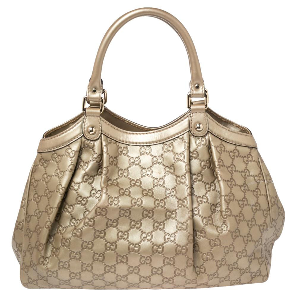 Gucci Gold Guccissima Ledertasche mit mittlerem Hahnentrittmuster (Braun)