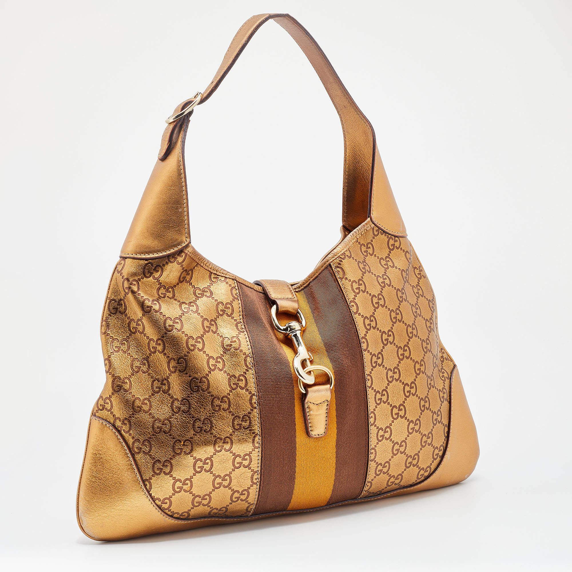 Gucci Gold Guccissima Leather Web Jackie O Bouvier Medium Hobo In Good Condition In Dubai, Al Qouz 2