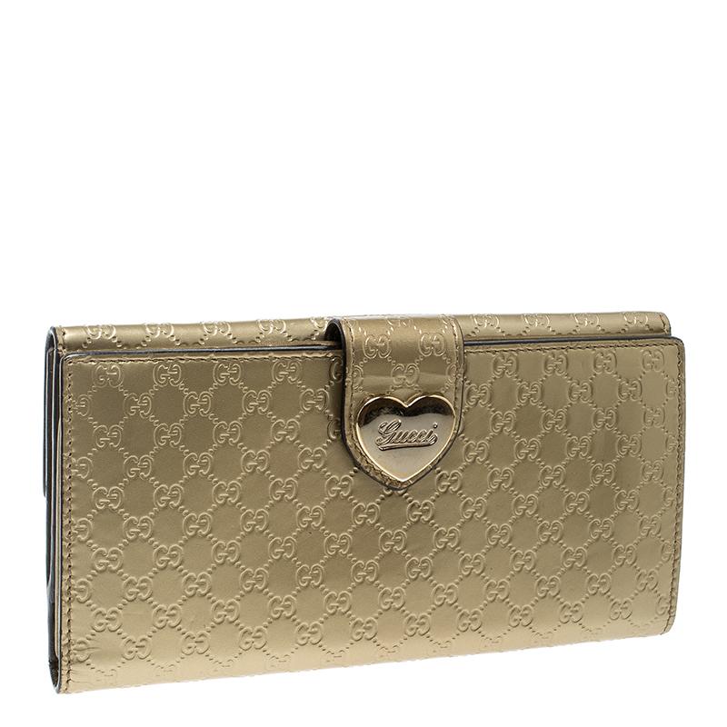 Brown Gucci Gold Guccissima Patent Leather Heart Continental Wallet
