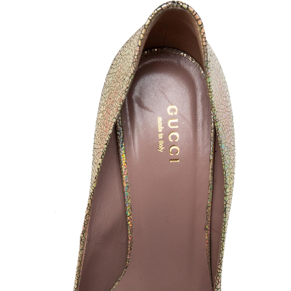 Brown Gucci Gold Iridescent Textured Leather Pumps Size 38