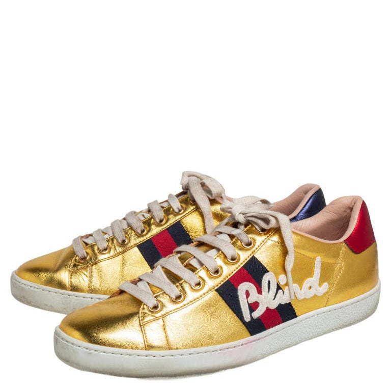 Gucci Gold Leather Ace Blind For Love Blind Web Detail Low Top Sneakers  Size 37. at 1stDibs | gucci gold sneakers, gucci blind for love sneakers,  blind for love gucci shoes
