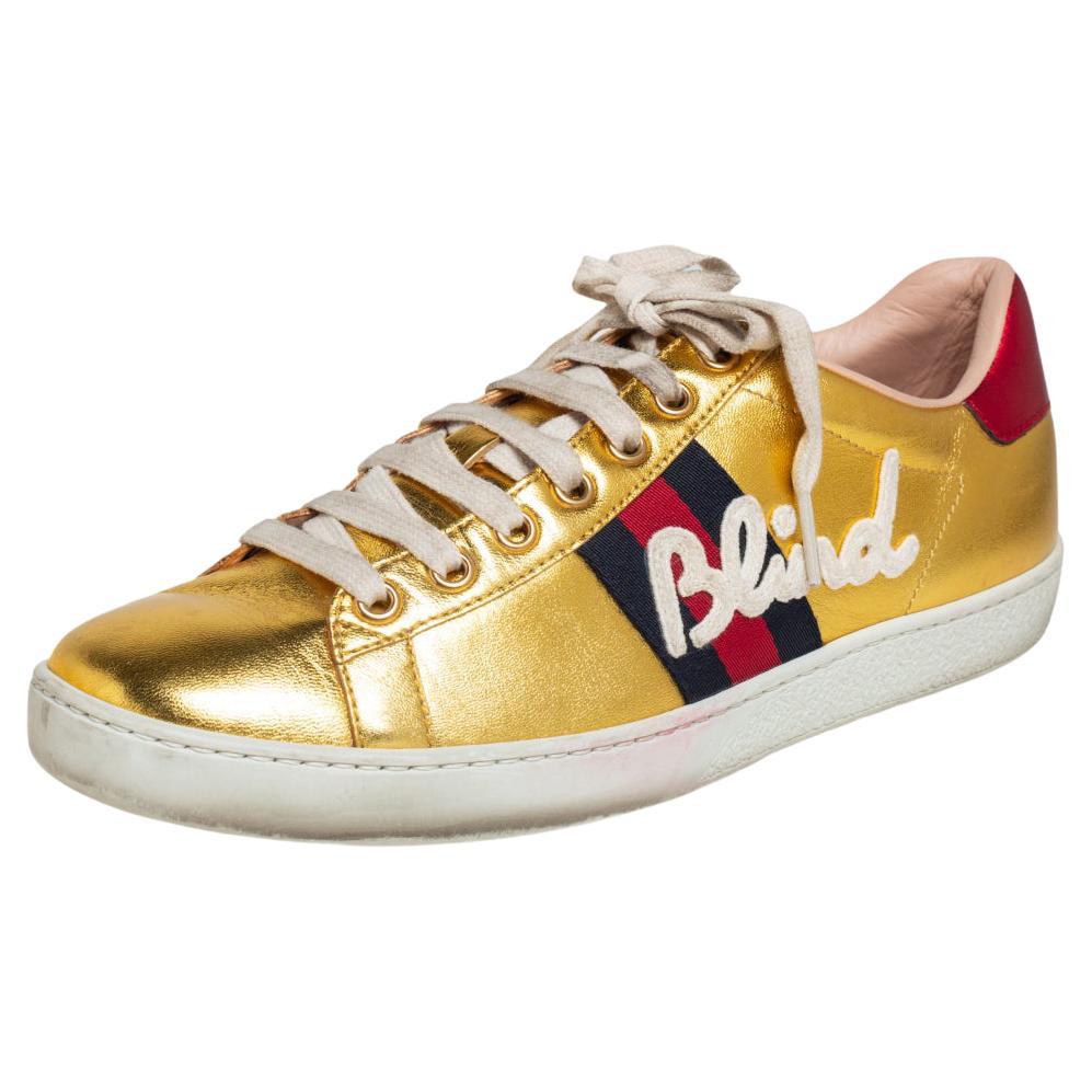 Gucci Gold Leather Ace Blind For Love Blind Web Detail Low Top Sneakers Size 37.