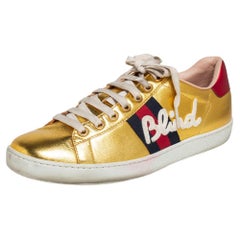Gucci Gold Leather Ace Blind For Love Blind Web Detail Low Top Sneakers Size 37.