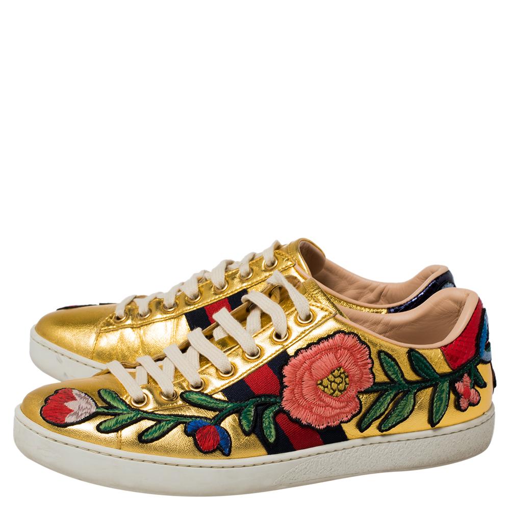 Women's Gucci Gold Leather Ace Lace Up Sneakers Size 37
