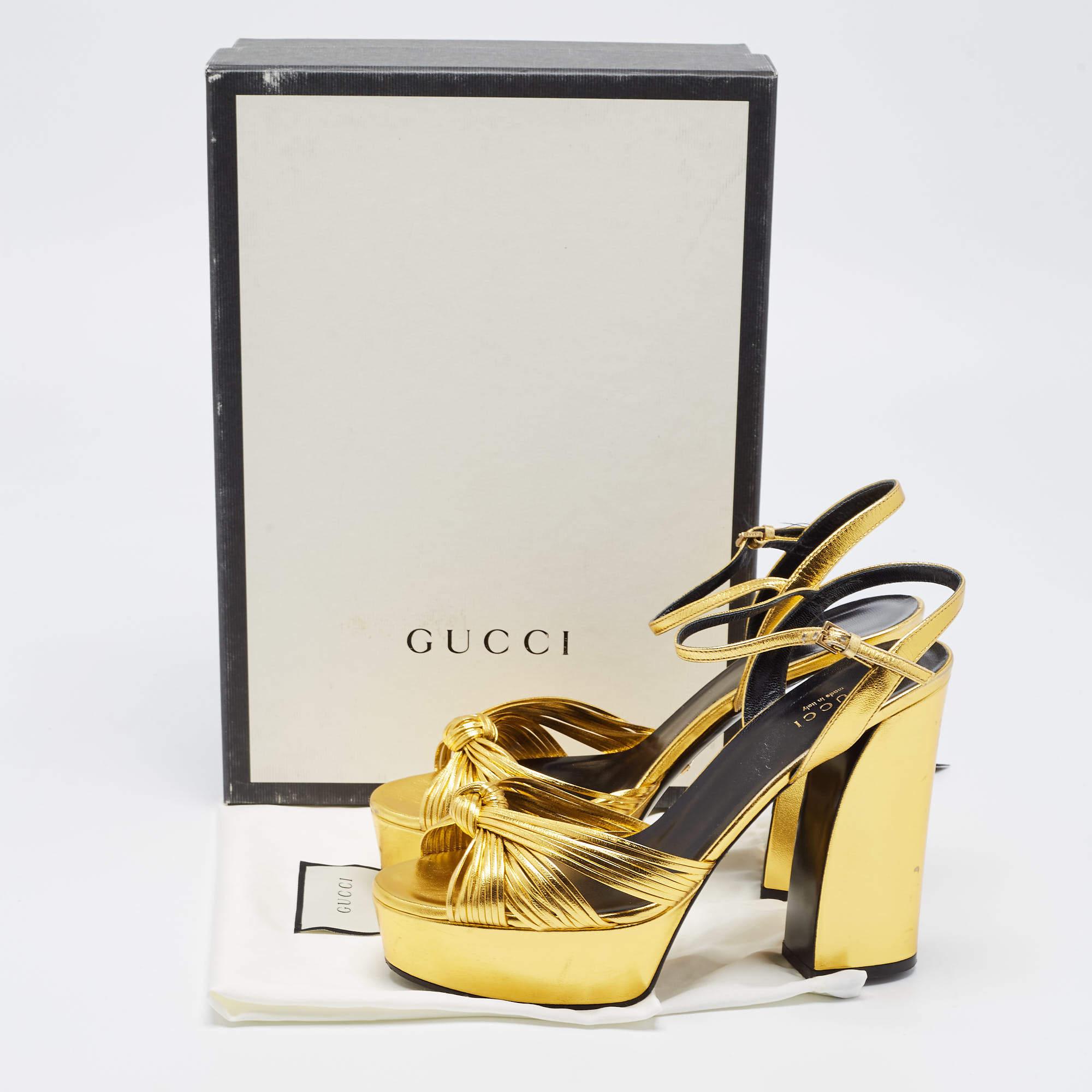 Gucci Gold Leather Allie Knotted Platform Ankle Strap Sandals Size 38 6