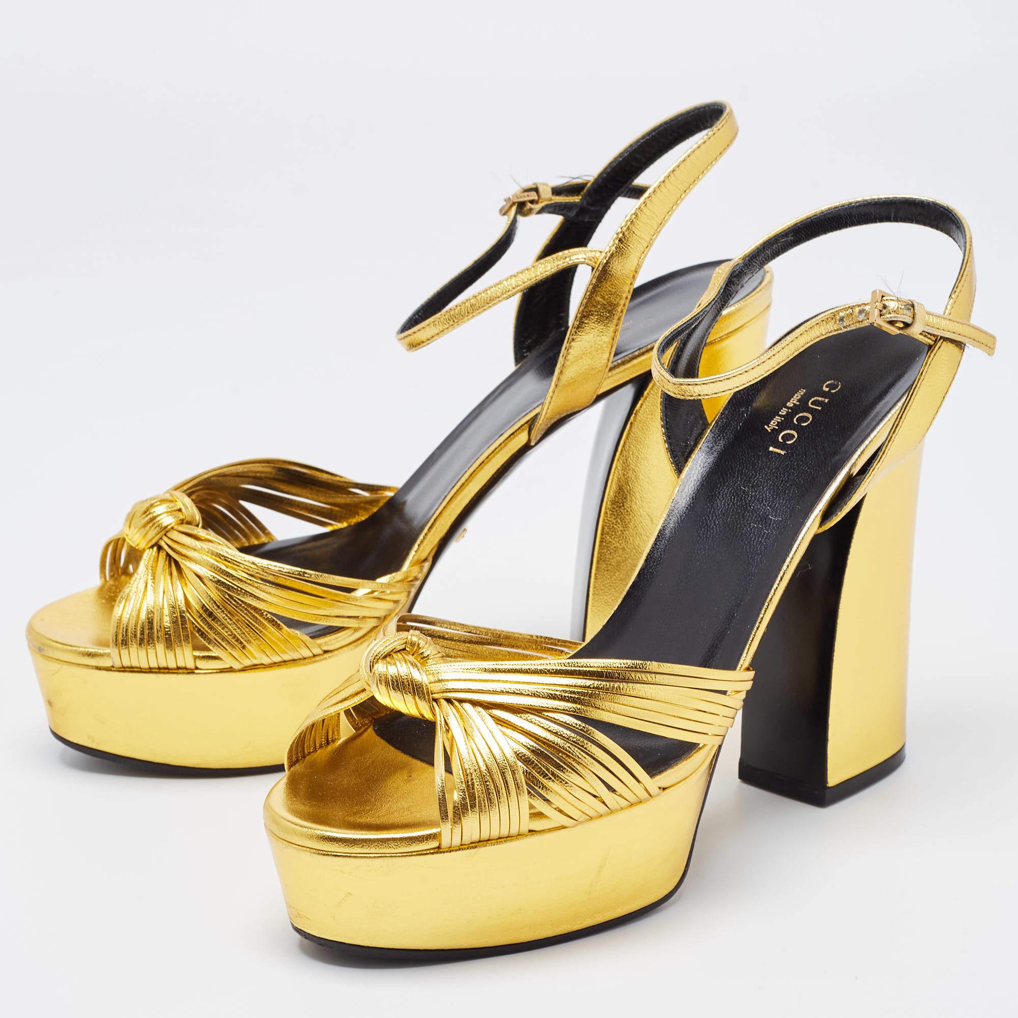 Gucci Gold Leather Allie Knotted Platform Ankle Strap Sandals Size 38 5