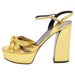 Gucci Gold Leather Allie Knotted Platform Ankle Strap Sandals Size 38