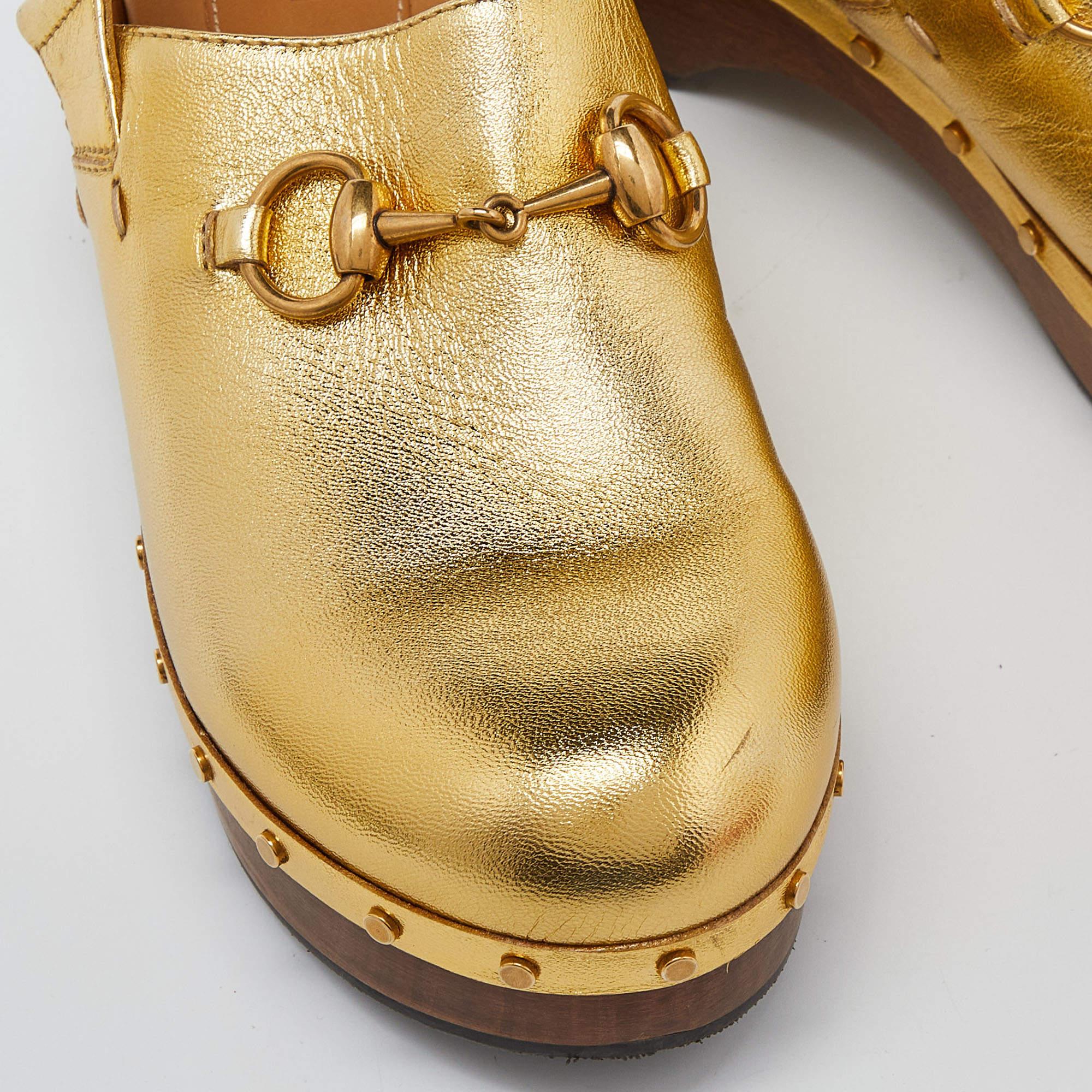 Women's Gucci Gold Leather Amstel Horsebit Slingback Clog Sandals Size 38 For Sale