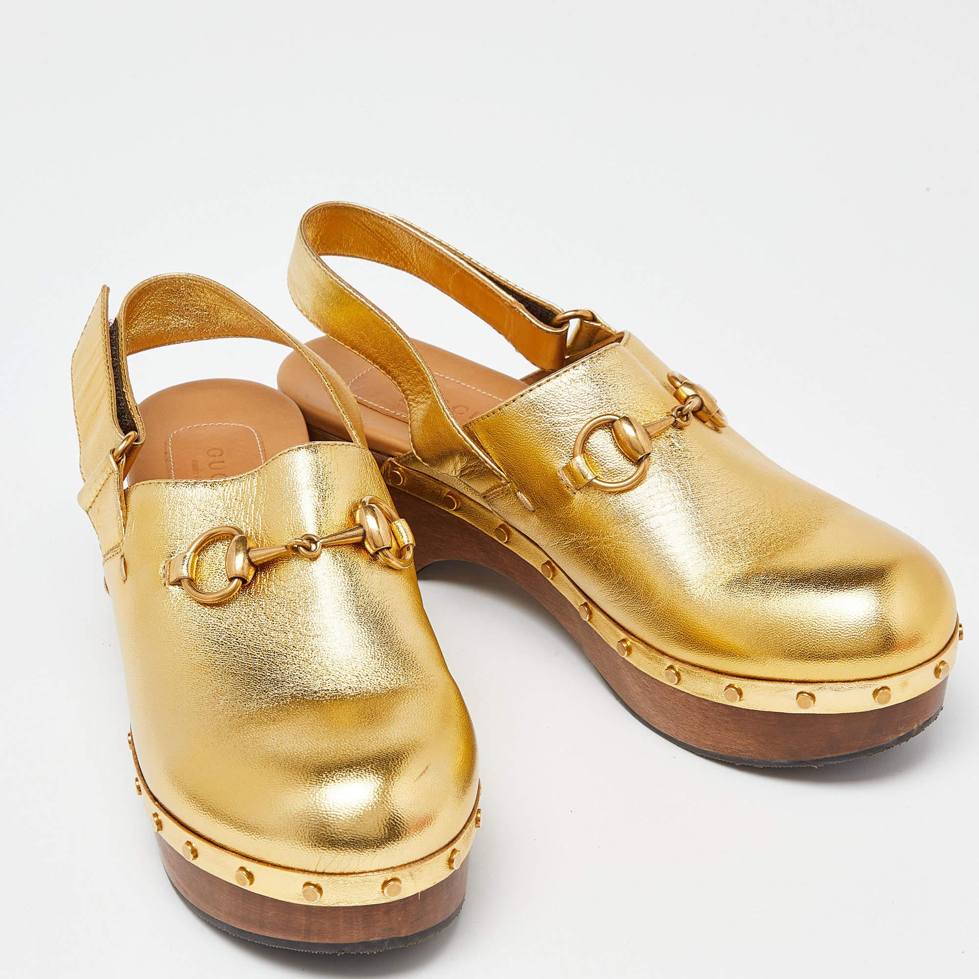 Gucci Gold Leather Amstel Horsebit Slingback Clog Sandals Size 38 For Sale 1