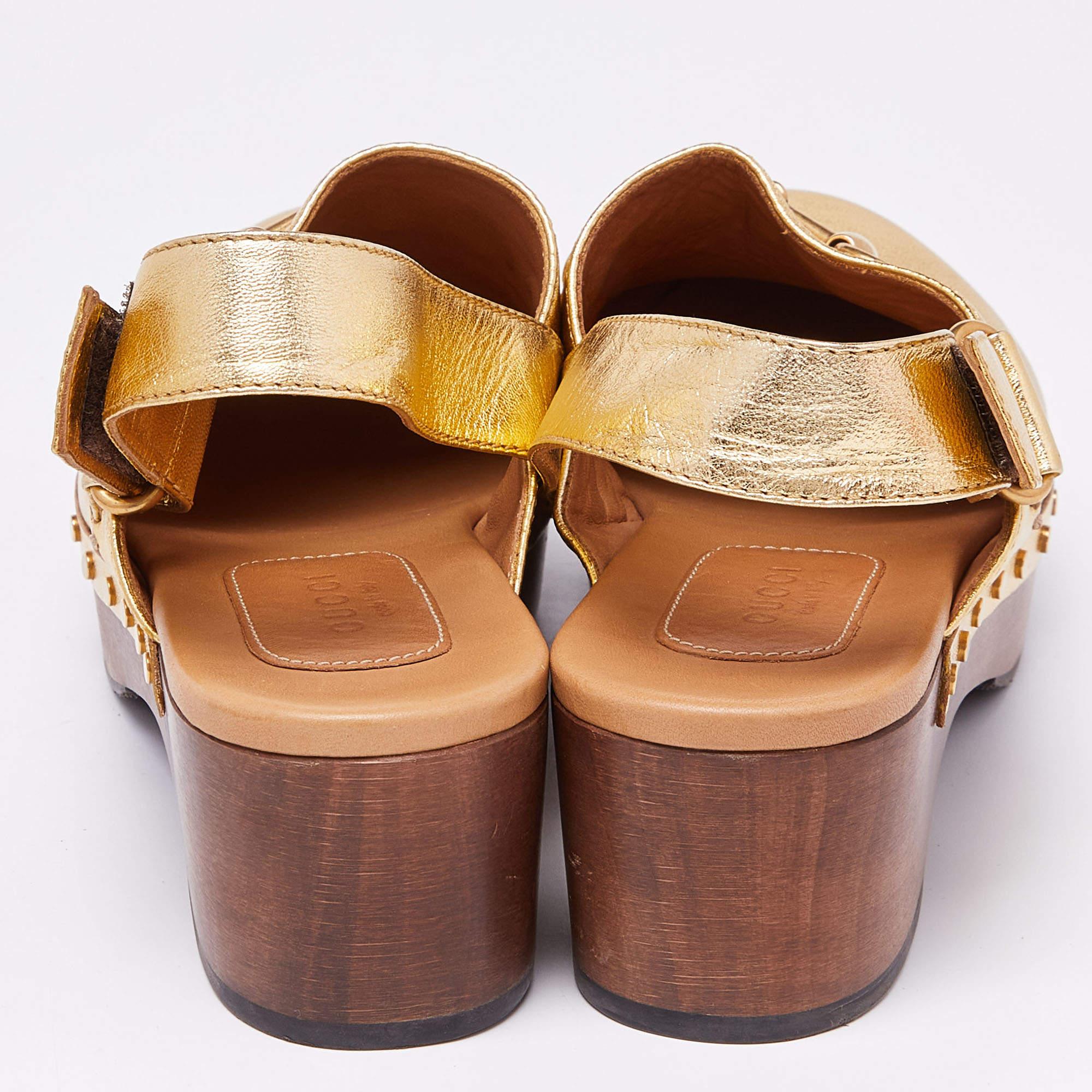 Gucci Gold Leather Amstel Horsebit Slingback Clog Sandals Size 38 For Sale 2