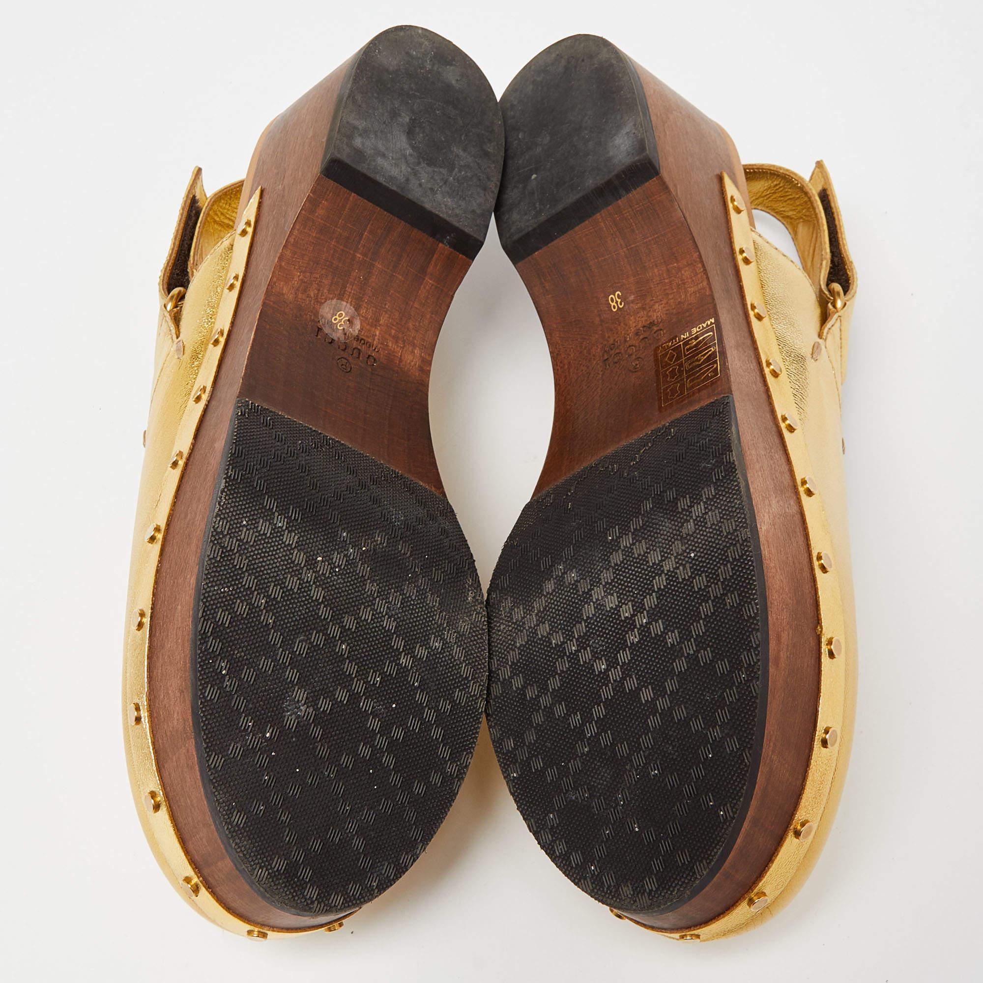 Gucci Gold Leather Amstel Horsebit Slingback Clog Sandals Size 38 For Sale 4