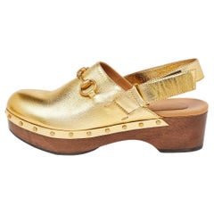 Gucci Gold Leather Amstel Horsebit Slingback Clog Sandals Size 38