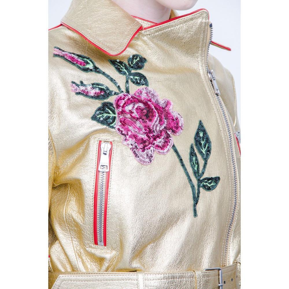 Gucci Gold Leather Biker Jacket with Sequin Embroidery IT40 US 2-4 In New Condition For Sale In Brossard, QC