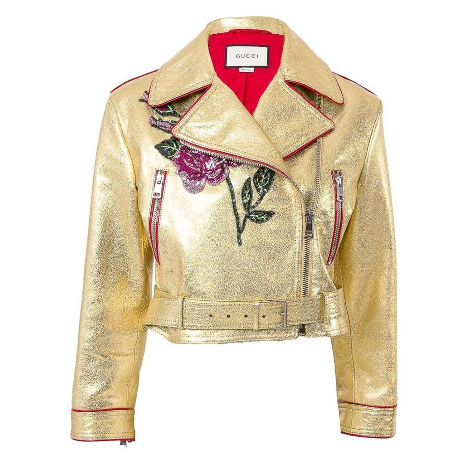 Gucci Gold Leather Biker Jacket with Sequin Embroidery IT40 US 2-4 For Sale  at 1stDibs