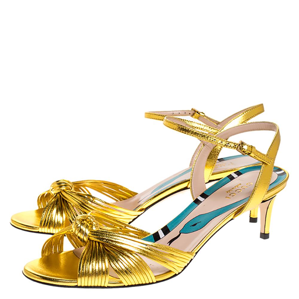 Women's Gucci Gold Leather Crawford Ankle Strap Sandals Size 38.5