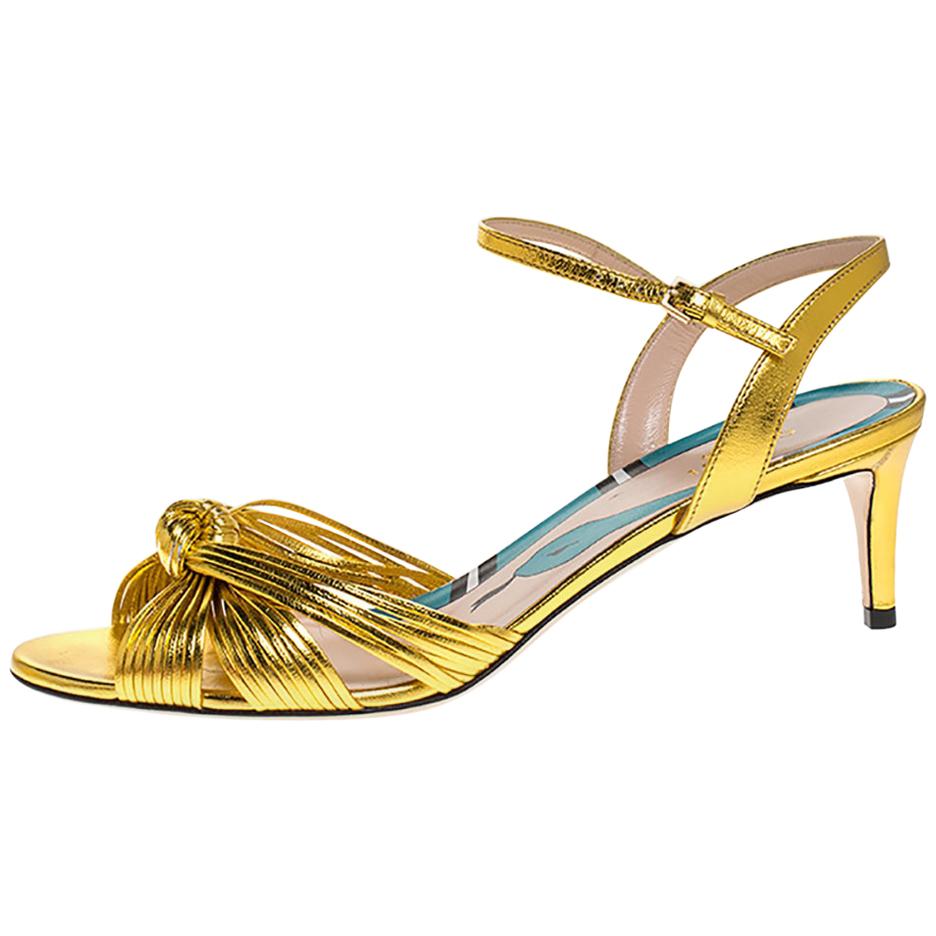Gucci Gold Leather Crawford Ankle Strap Sandals Size 38.5