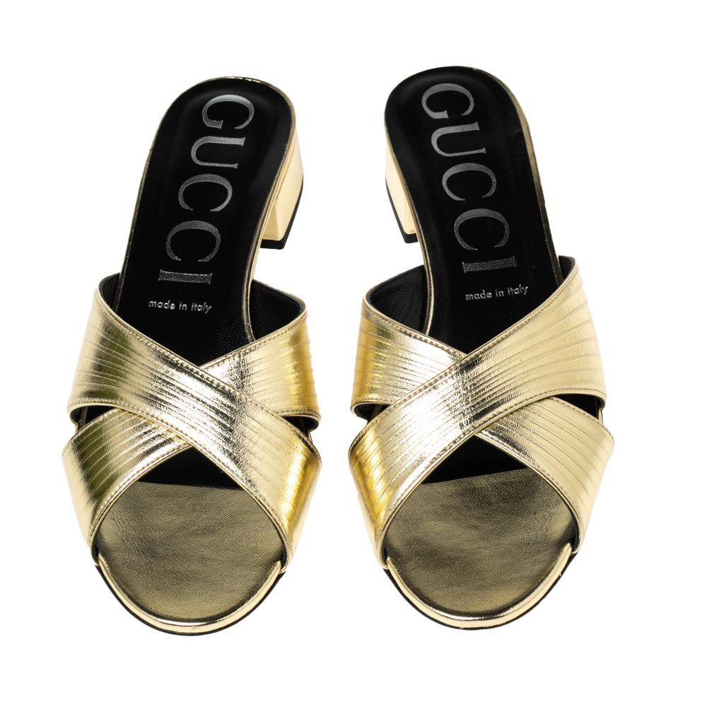 Gucci Gold Leather Crisscross Slide Sandals Size 39.5 1
