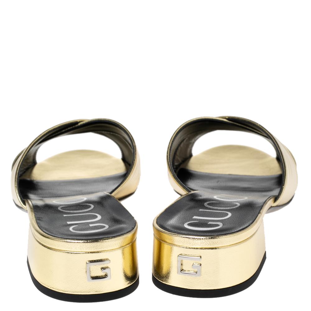 Gucci Gold Leather Crisscross Slide Sandals Size 39.5 2