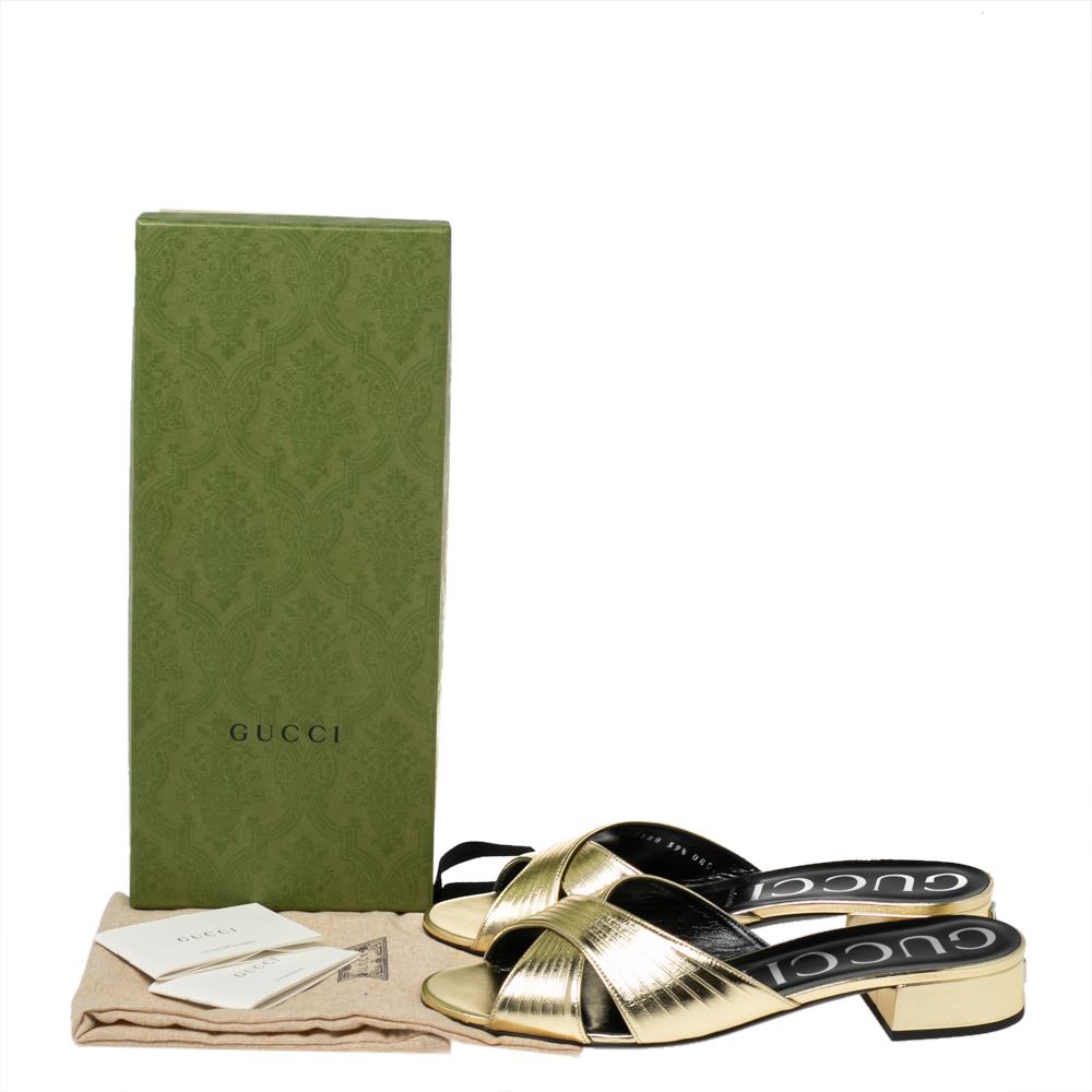 Gucci Gold Leather Crisscross Slide Sandals Size 39.5 5