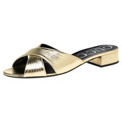 Gucci Gold Leder Crisscross Slide Sandalen Größe 39,5