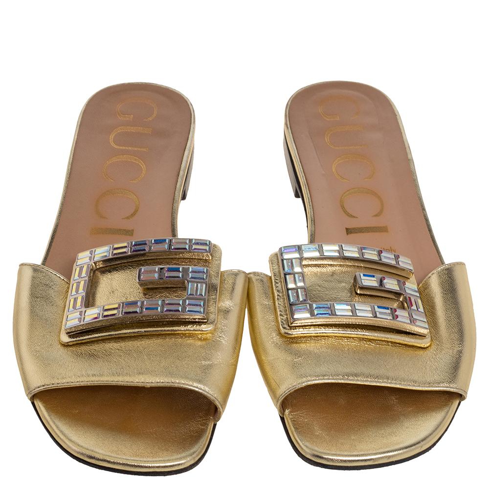 Women's Gucci Gold Leather Crystal Embellished Flats Size 37