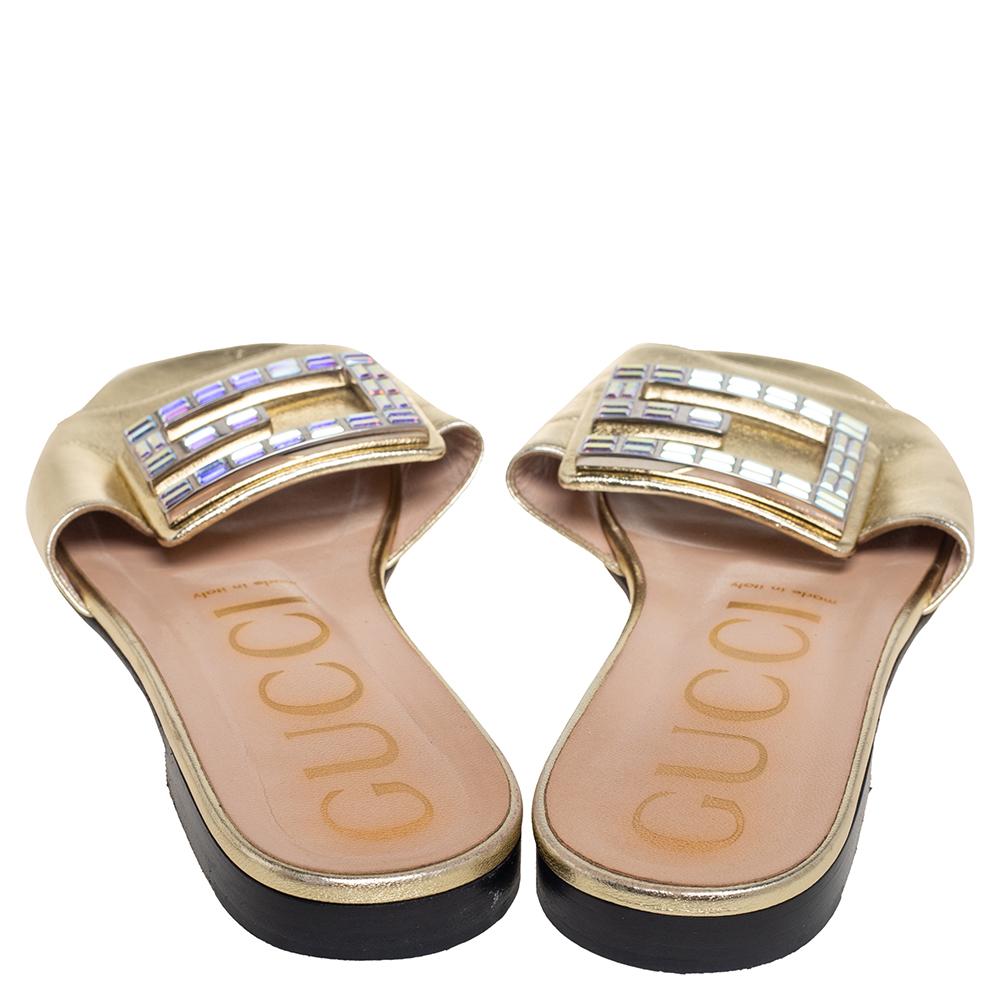Gucci Gold Leather Crystal Embellished Flats Size 37 1