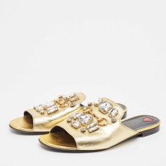Gucci Gold Leather Crystal Embellished Horsebit Flat Slides Size 39