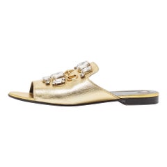 Gucci Gold Leather Crystal Embellished Horsebit Flat Slides Size 39