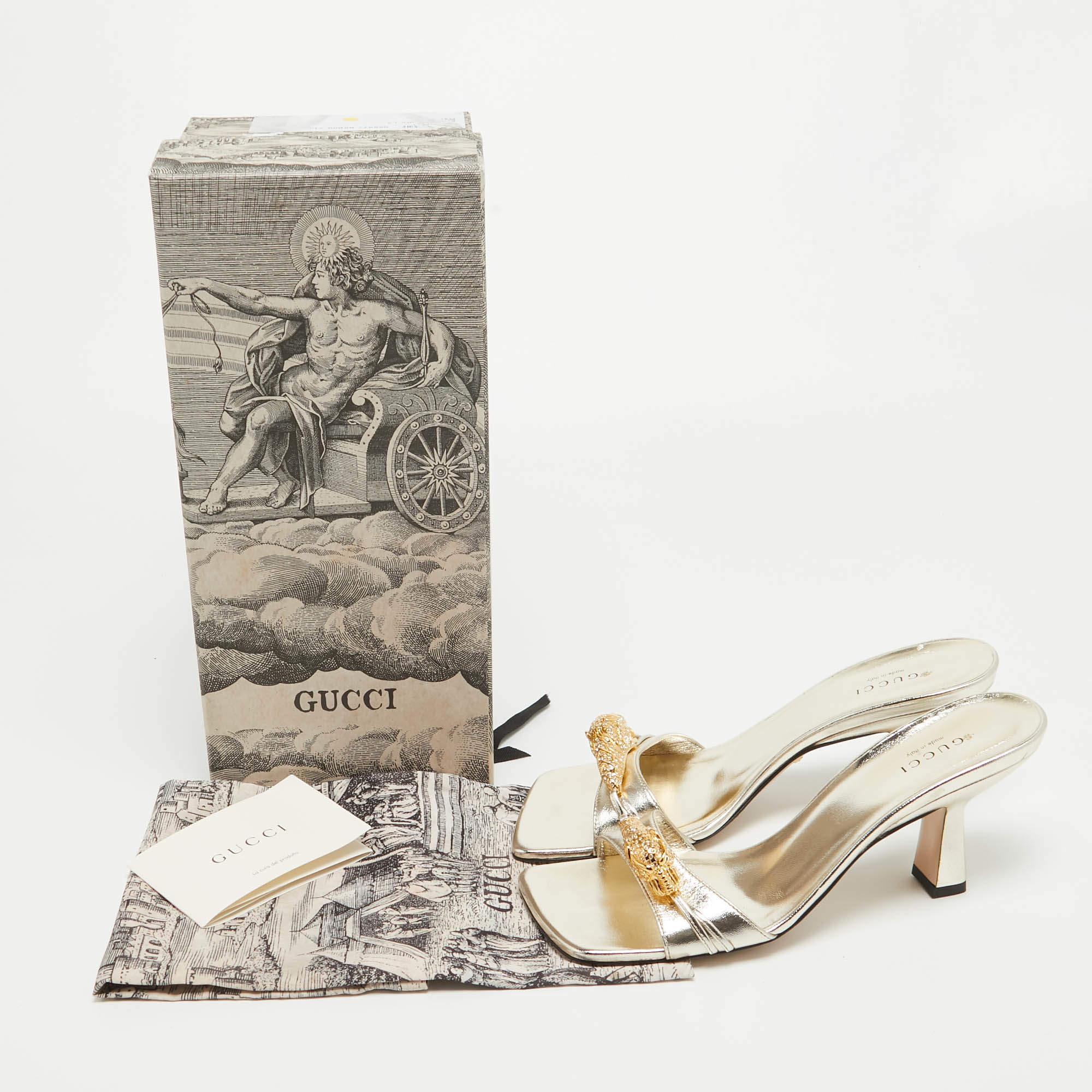 Donna Gucci, pelle oro, Dora, cristallo e testa di tigre, sandali diapositive misura 37,5