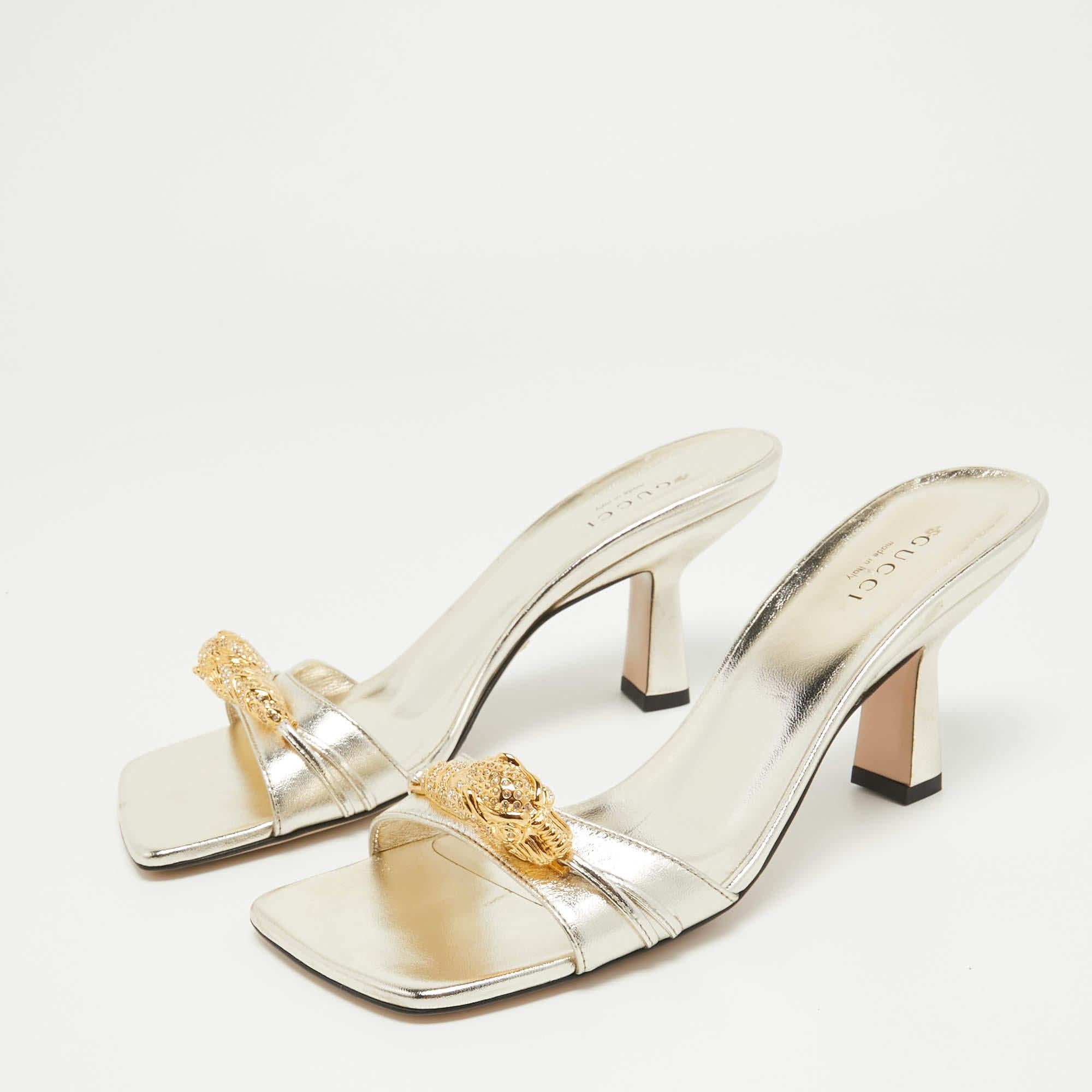 Gucci, pelle oro, Dora, cristallo e testa di tigre, sandali diapositive misura 37,5 3