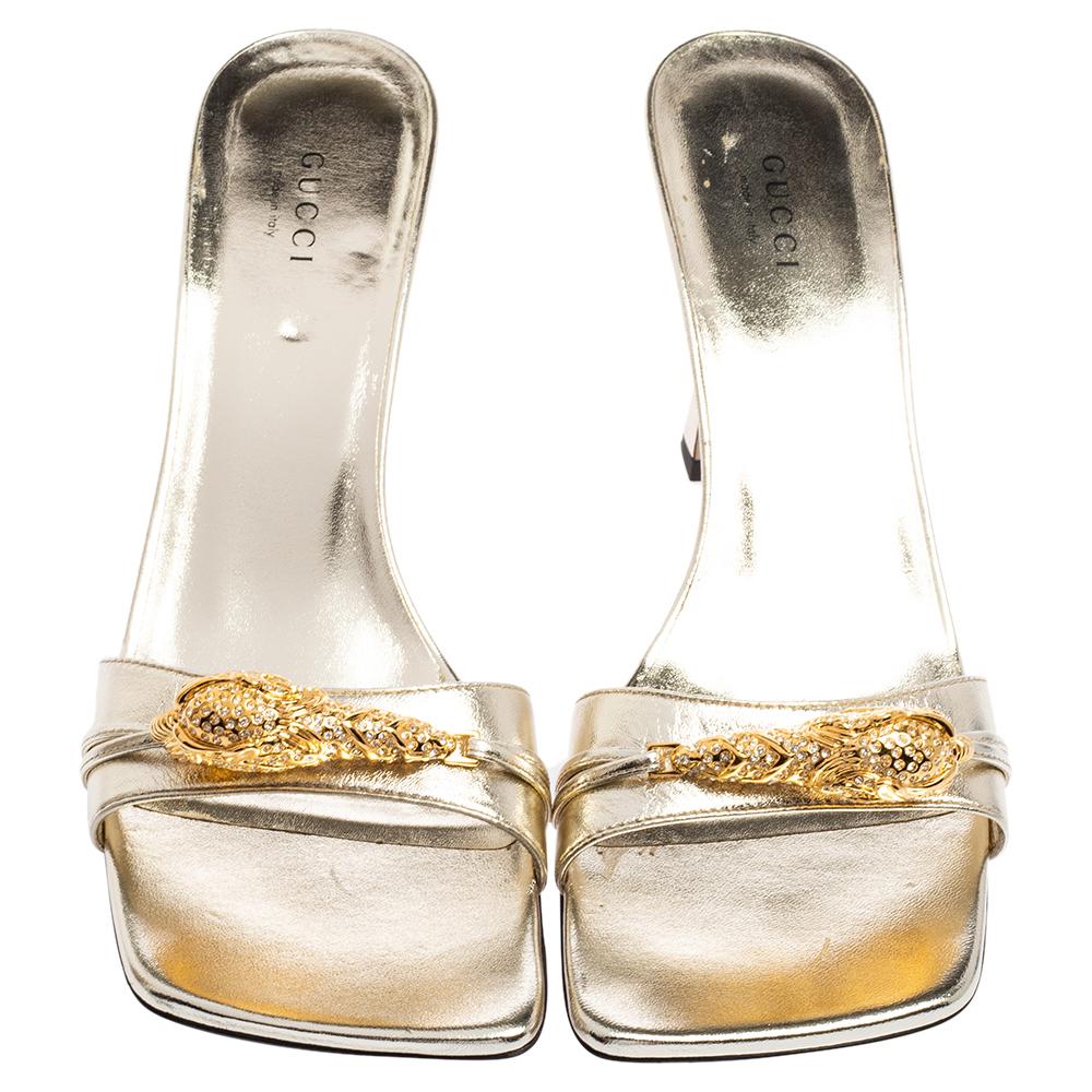 Women's Gucci Gold Leather Dora Crystal Tiger Head Embellished Slide Sandals Size 39
