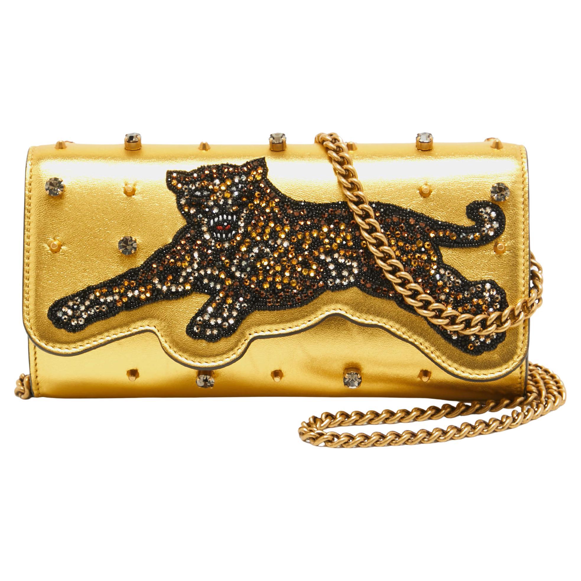 Gucci Gold Leather Embroidered Tiger Crystal Studded Chain Clutch For Sale