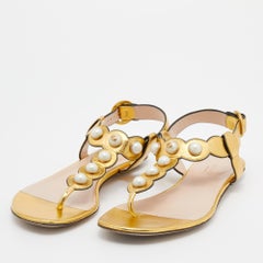 Gucci Gold Leather Faux Pearl Embellished Willow T Strap Flat Sandals Size 36.5