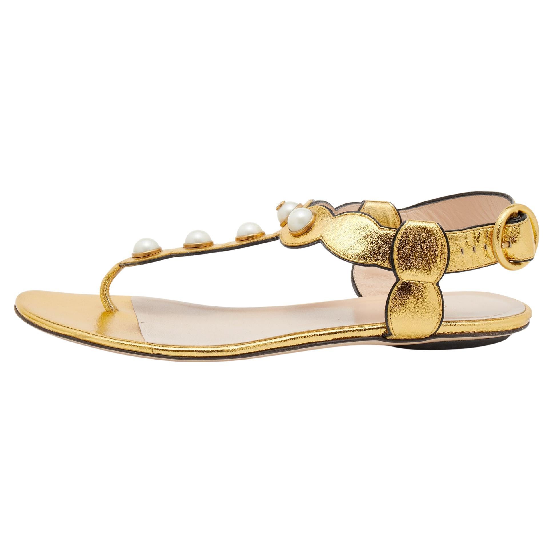 Gucci Gold Metallic Braided Leather Bamboo Heel Sandals Size 41 at
