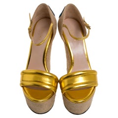 Gucci Gold Leather Floral Embroidered Espadrille Wedge Sandals Size 37.5