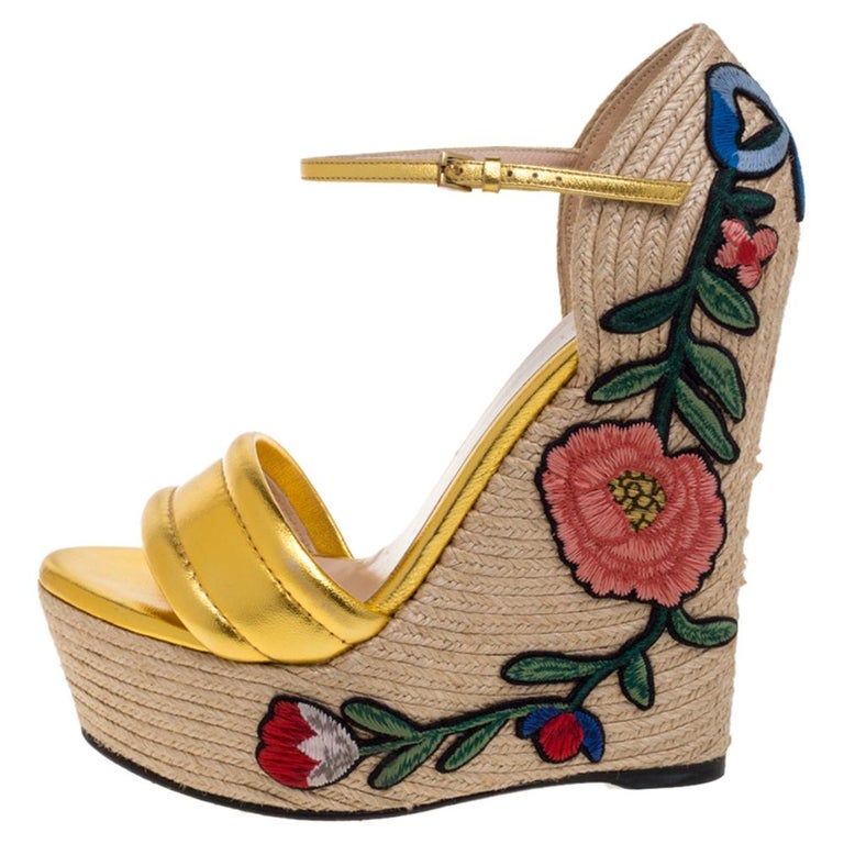 Gucci Gold Leather Floral Embroidered Espadrille Wedge Sandals Size 37. ...