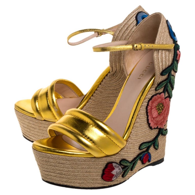 Gucci Gold Leather Floral Embroidered Espadrille Wedge Sandals Size 37.5 at  1stDibs