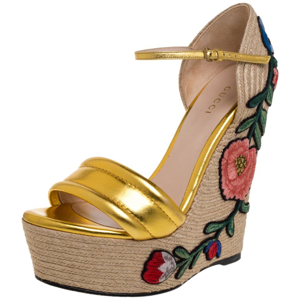 Gucci Gold Leather Floral Embroidered Espadrille Wedge Sandals Size 37. ...