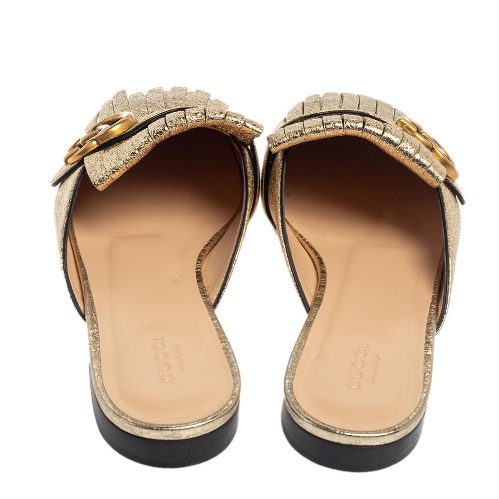 Gucci Gold Leather GG Marmont Fringe Mule Flats Size 38.5 1