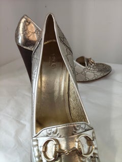 Gucci Women's Gold Leather GG Monogram Horsebit Sandals, Size 40.5